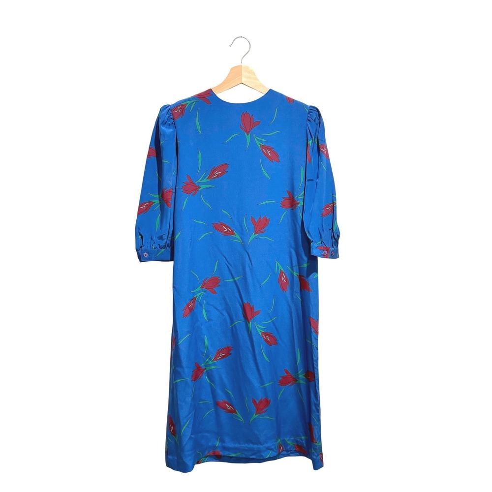 Vintage Silk Studio‎ 100% Silk Blue Floral Tulip Midi Dress Size 6
